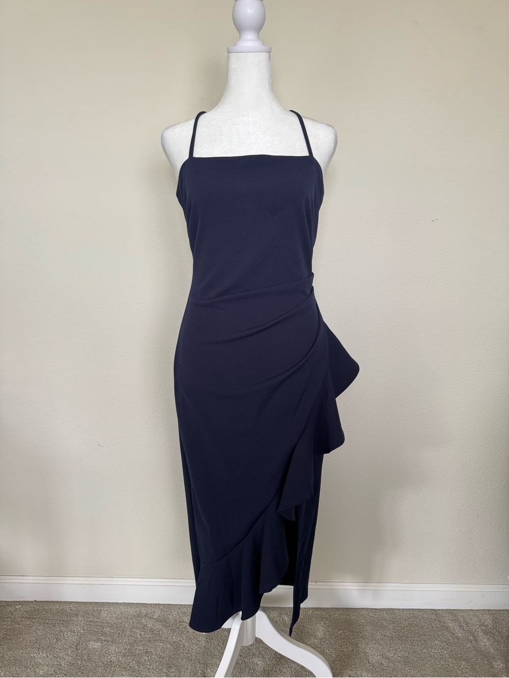 Sleeveless Navy Midi Dress with Asymmetric Ruffle
